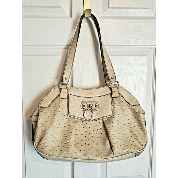 Guess Tamora Creme Satchel Purse pebble Texture Handbag With Hanging G Logo - Picture 2 of 11
